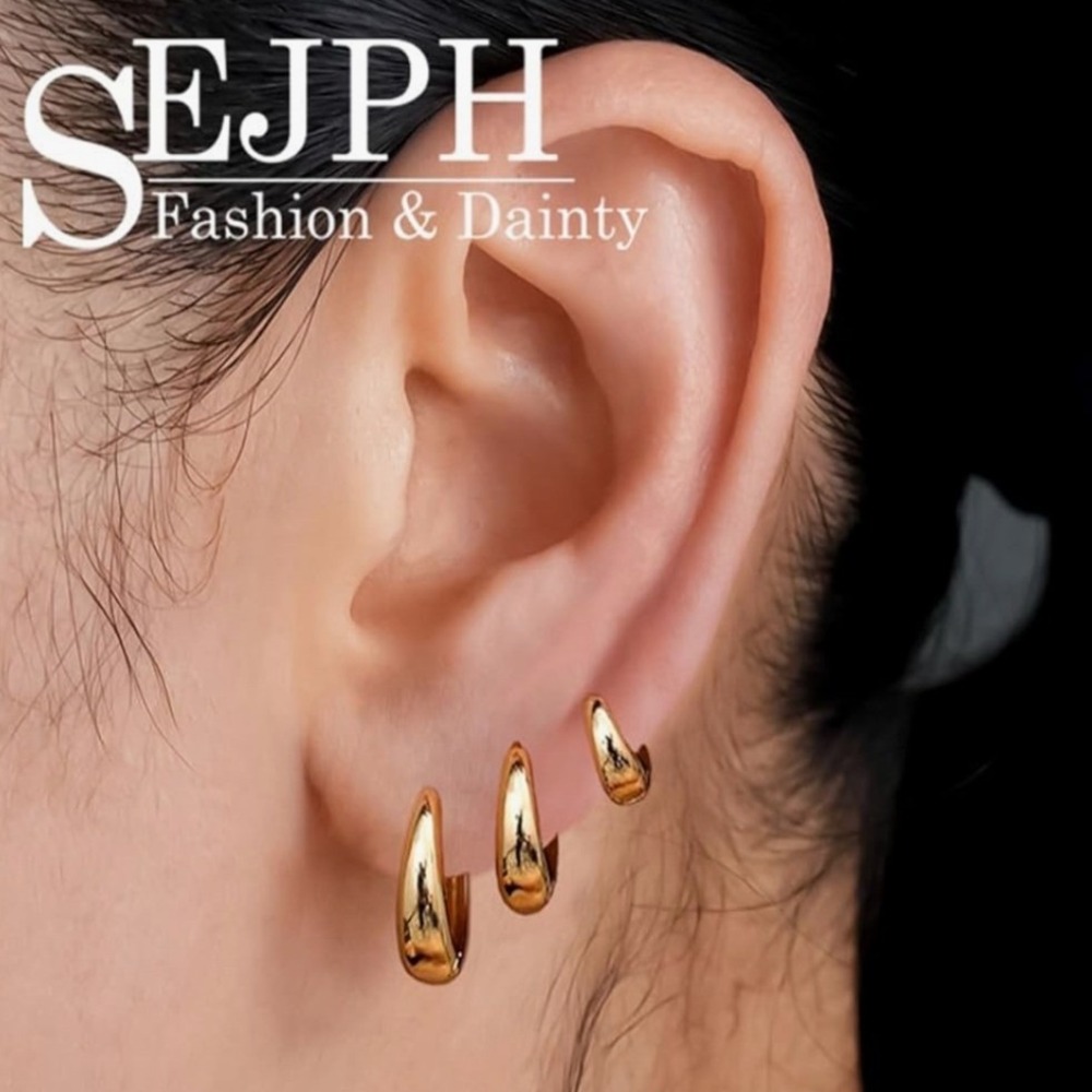 3 Pair Gold Tone Chunky Hoop Earrings Set High Polish Huggie Dainty Minimalist